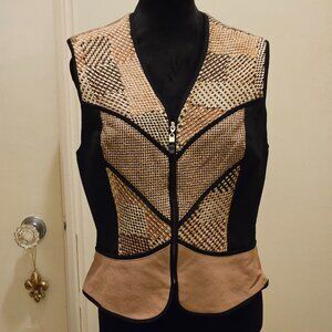 Vintage Howard Wolf 100% Wool Patchwork Vest Black & Tan. Size 8